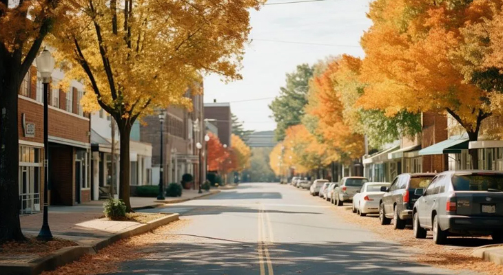 Street with leaf's on an autumn day 